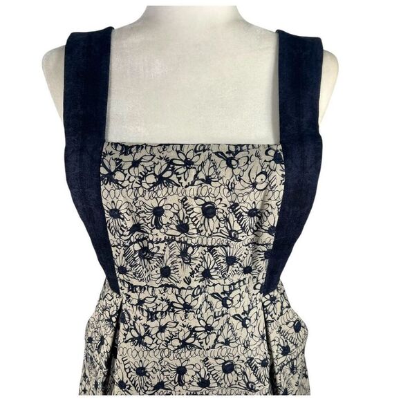 Adam Lippes New !! Jacquard Sheath Dress Sz Small 4 Beige & Navy Floral Linen - Picture 2 of 13